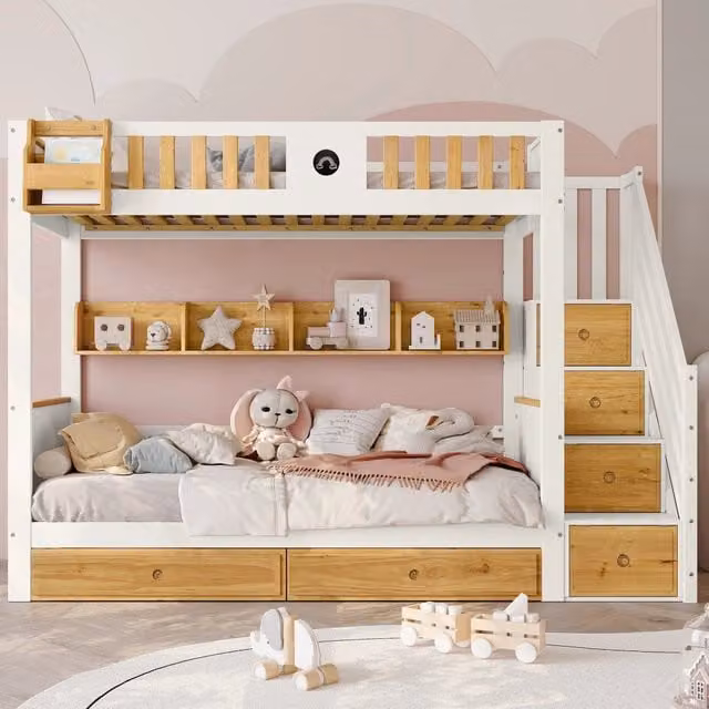 Letto a castello con scala contenitore e cassetti, 90x200 cm, bianco/naturale