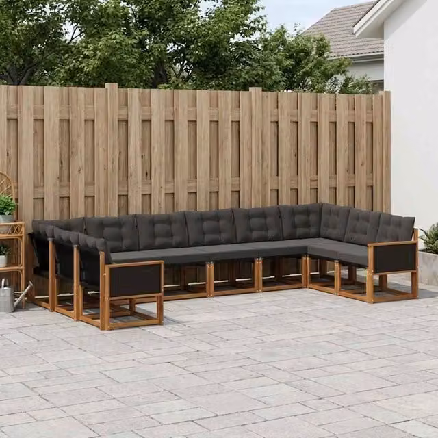 Set di divani da esterno vidaXL a forma di U in legno di acacia con cuscini, Marrone e Nero