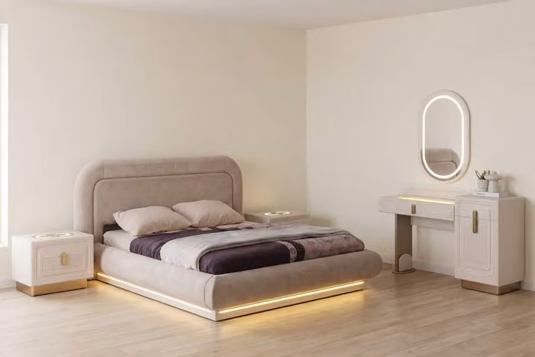 Set per camera da letto beige, design moderno, con letto, comodini, tavolino da trucco, stile lussuoso