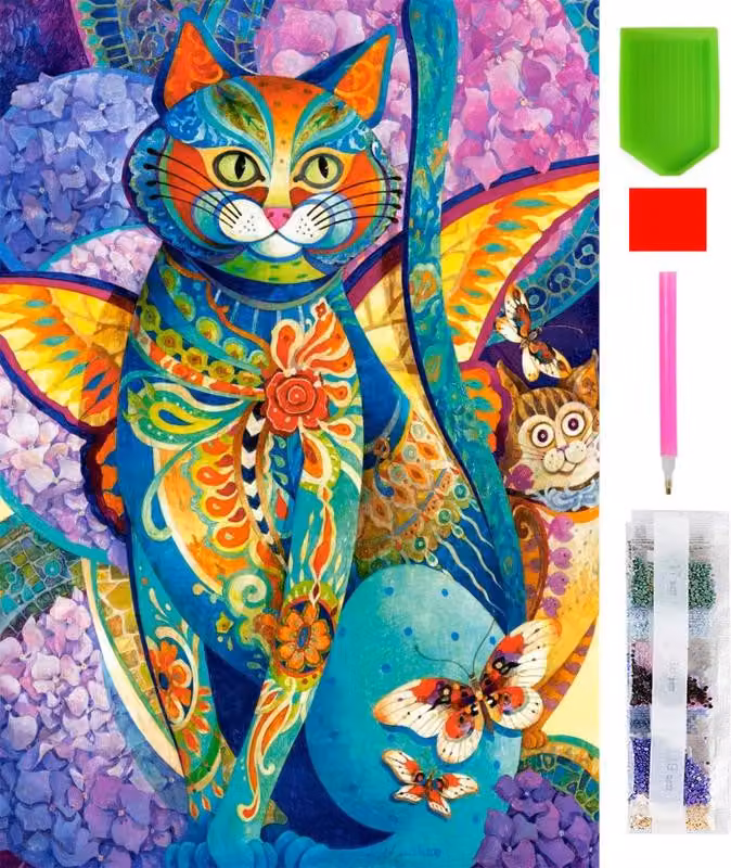 RealG RC-K-147 Set per pittura con strass 5D, 20 x 30 cm, gatto