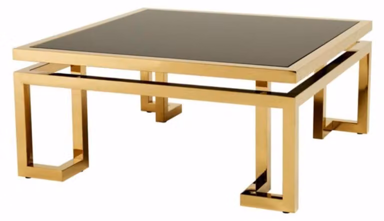Tavolino da caffè in stile Art Déco marca Casa Padrino, con piano in vetro dorato e struttura nera - 100 x 100 x altezza 45 cm