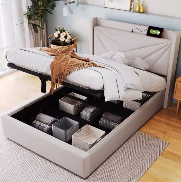 Letto singolo con contenitore in lino 90x200 cm con testiera USB Tipo C e doghe, senza materasso