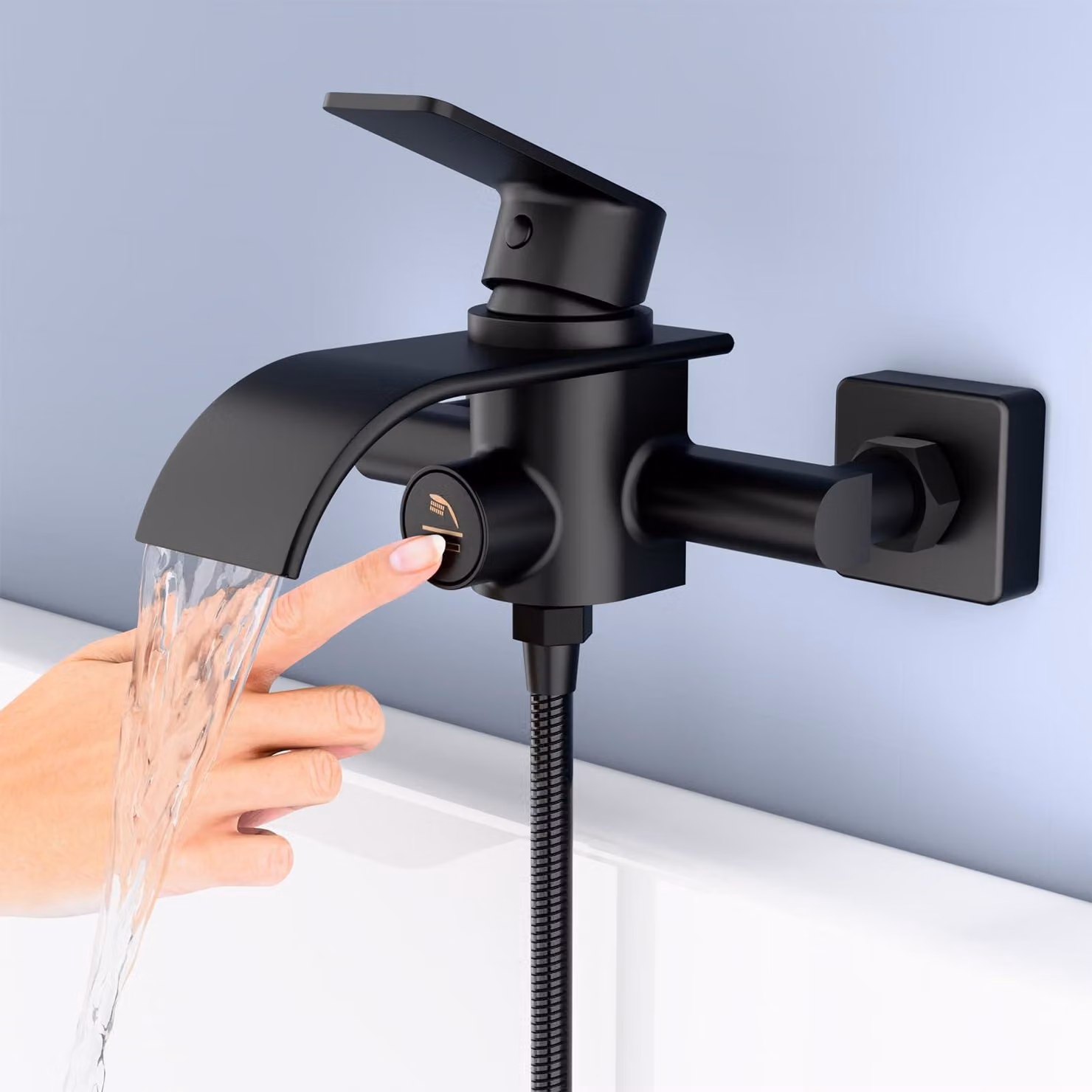 Miscelatore per lavabo a cascata, nero, con pulsante, in ottone, monocomando