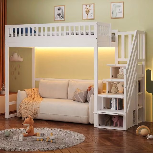 Letto a castello alto 90x200 cm in legno bianco con scala contenitore e LED