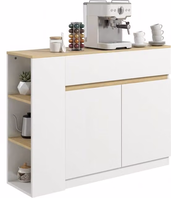 Credenza buffet mobile contenitore bianco con 2 ante cassetti e 3 vani aperti per soggiorno e cucina salvaspazio 110 x 29,5 x 82 cm