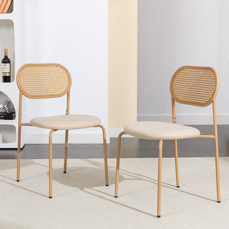 Set di 2 sedie da cucina moderne con schienale in rattan, gambe in metallo, marrone