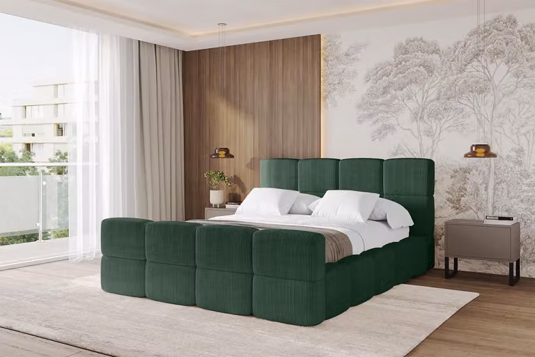 Letto imbottito ALTDECOR con contenitore - NATA-Z 200x200 verde, letto con testiera, letto contenitore senza materasso, letto matrimoniale con spazio contenitivo
