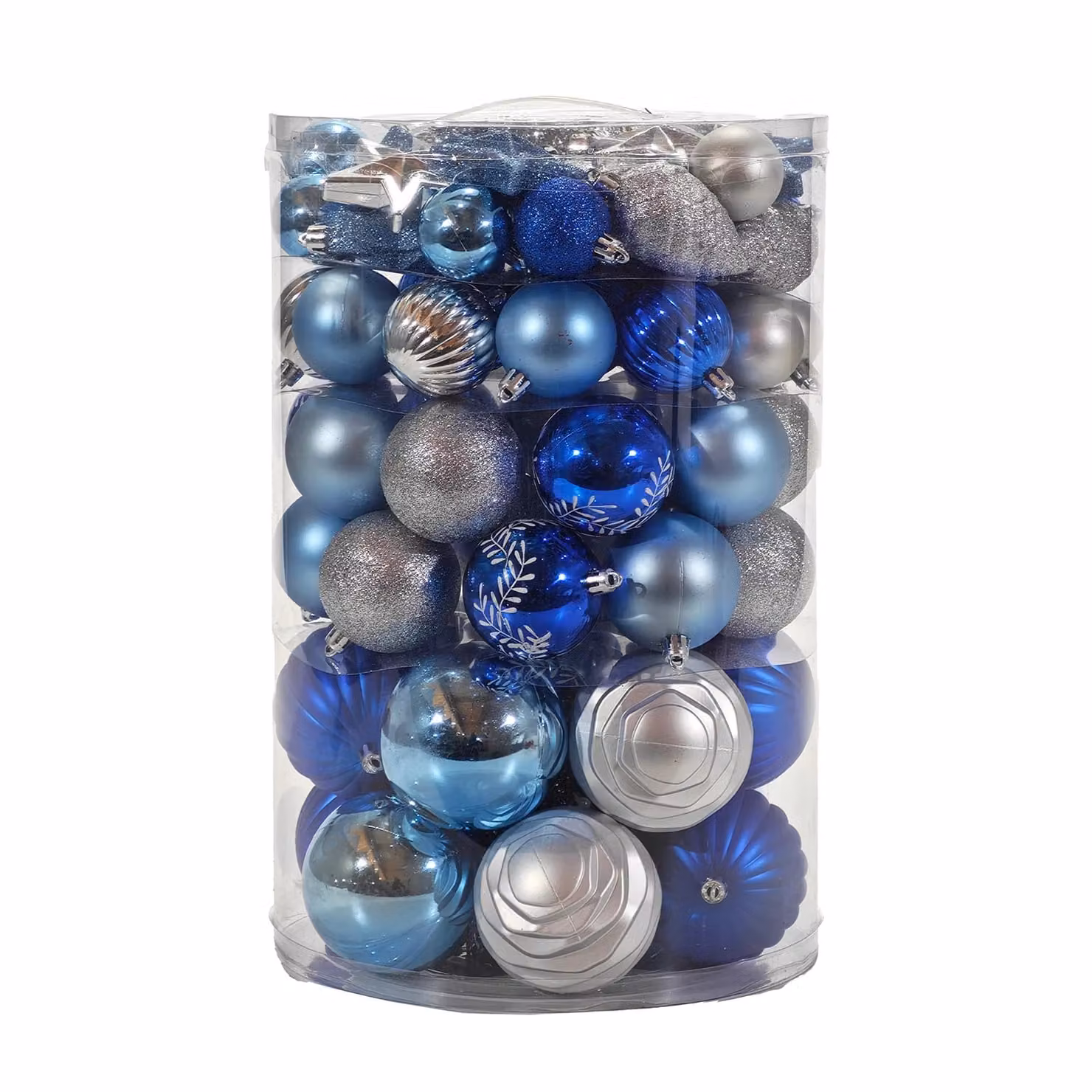 Set di 82 decorazioni natalizie Vestiamo Casa in blu celeste e argento con palline, stelle e addobbi geometrici in plastica – 1