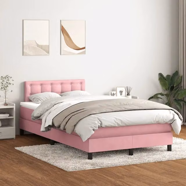 Letto con Giroletto a Molle e Materasso Ibrido vidaXL in Velluto Rosa e Bianco L/P/H: 120 x 223 x 88 cm