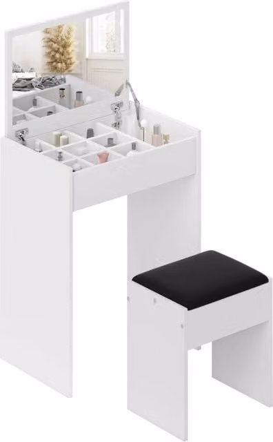 Scrivania da trucco Minimal con specchio richiudibile e sgabello, colore bianco, in MDF laccato, L: 60.2 cm, P: 40.2 cm, H: 79 cm