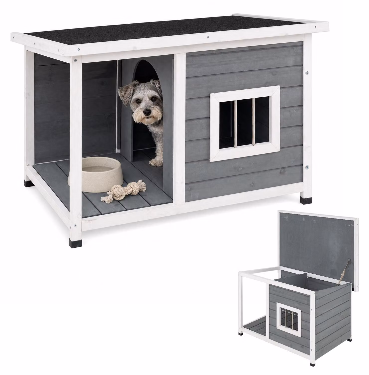 Cuccia per cani COSTWAY con veranda coperta, dimensioni 86x63x60 cm, rifugio per animali domestici con tetto inclinato, pavimento rialzato e finestra, ideale per interni ed esterni
