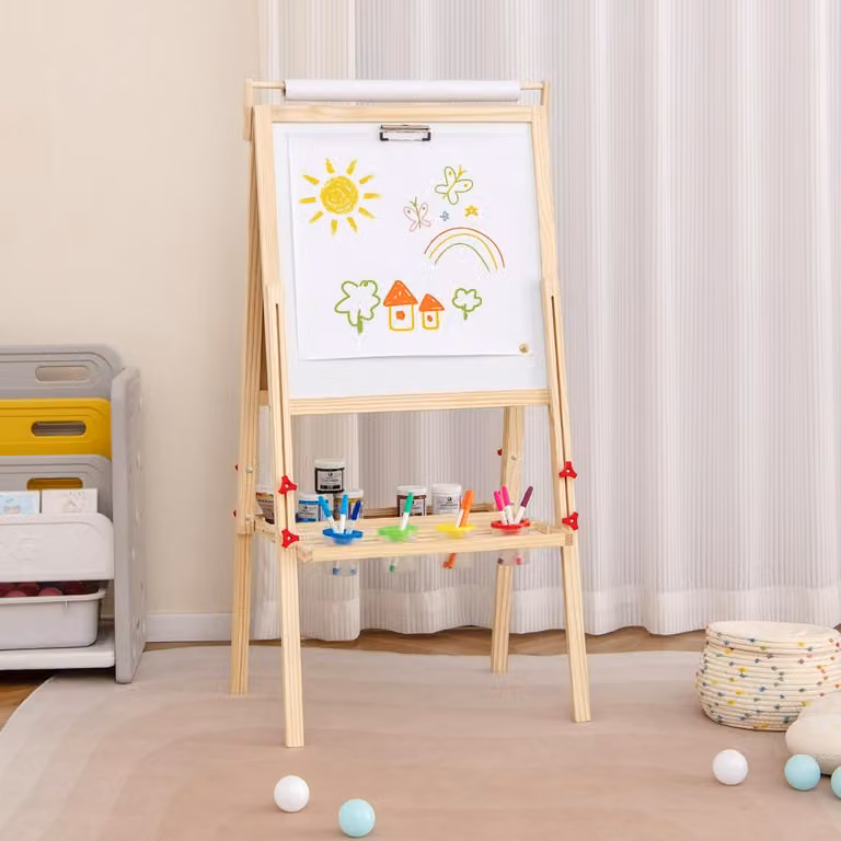 Cavalletto 3 in 1 Costway per bambini dai 3 ai 10 anni con lavagna magnetica doppia faccia regolabile in legno colore bianco e naturale