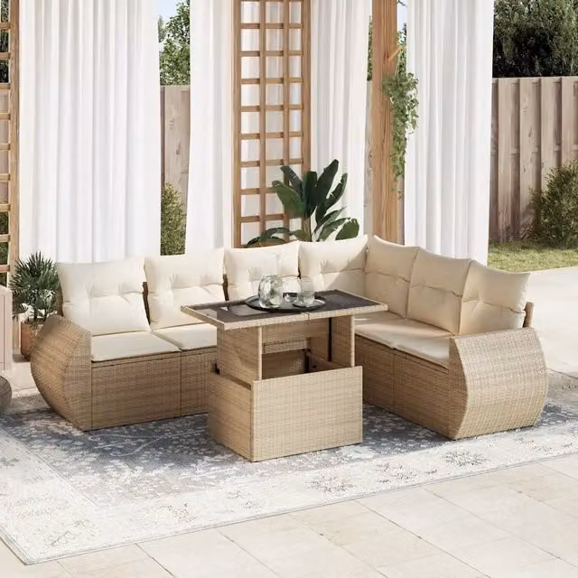 Set Divani da Giardino 7 pz con Cuscini Beige in Polyrattan 3326649