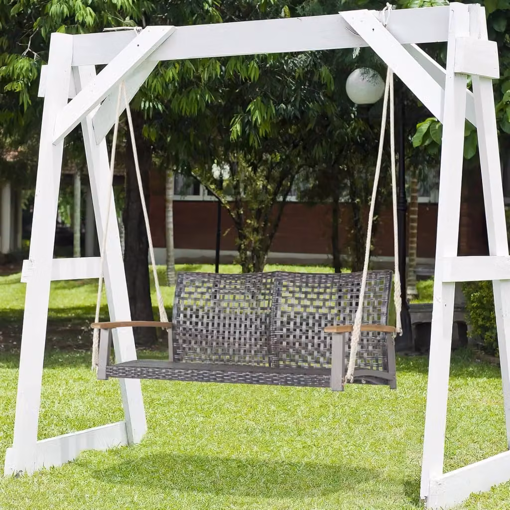 Costway Dondolo Sospeso da Esterno a 2 Posti in Rattan PE con Braccioli in Legno di Acacia, L 131 x P 68 x H 54 cm, Marrone e Nero – 2