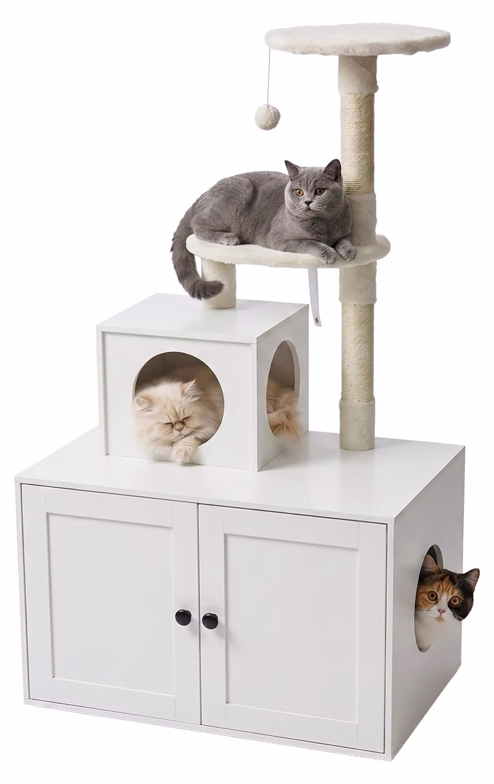 Relaxdays, tiragraffi per gatti con armadietto per la lettiera, dimensioni: 133x78x49 cm, pali in sisal e cuccia, aspetto legno, torre per gatti, colore bianco