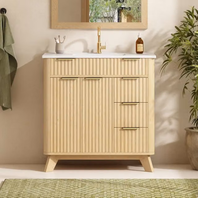 Mobile sottolavabo con lavabo in ceramica, 3 cassetti e 2 ante con ripiano, MDF, legno naturale, 81 × 47 × 90 cm