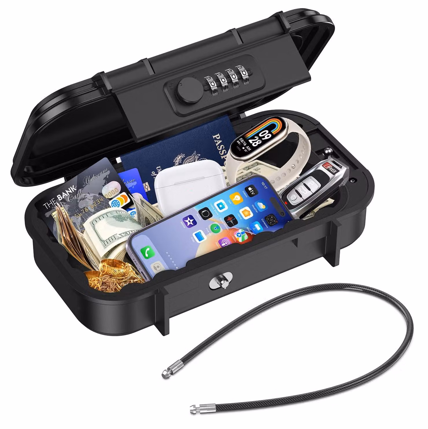 Cassaforte portatile con serratura a combinazione meccanica - Colore nero, materiale ABS, resistente all'acqua - Dimensioni 24x14x6 cm