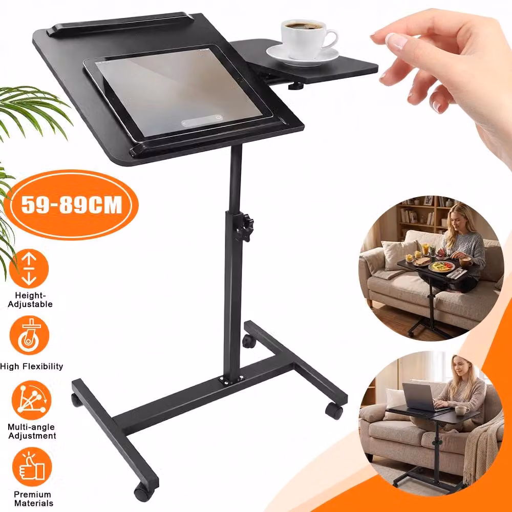 Tavolino per laptop - Tavolino laterale regolabile in altezza - Struttura in metallo a forma di "H" - 4 ruote - Ideale per soggiorno, camera da letto e studio