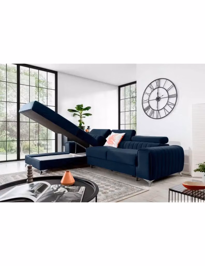 Divano angolare sinistro JAYSON MEUBLORAMA blu, modello a 3 posti con chaise longue, funzione letto e poggiatesta regolabile – 2