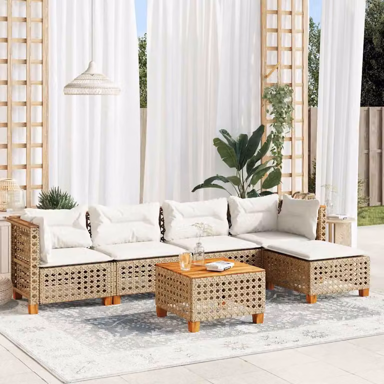 vidaXL Set Divano da Giardino 6 pz a Forma a L in Polyrattan con Cuscini Beige e Tavolino, Design Moderno per Terrazza e Giardino