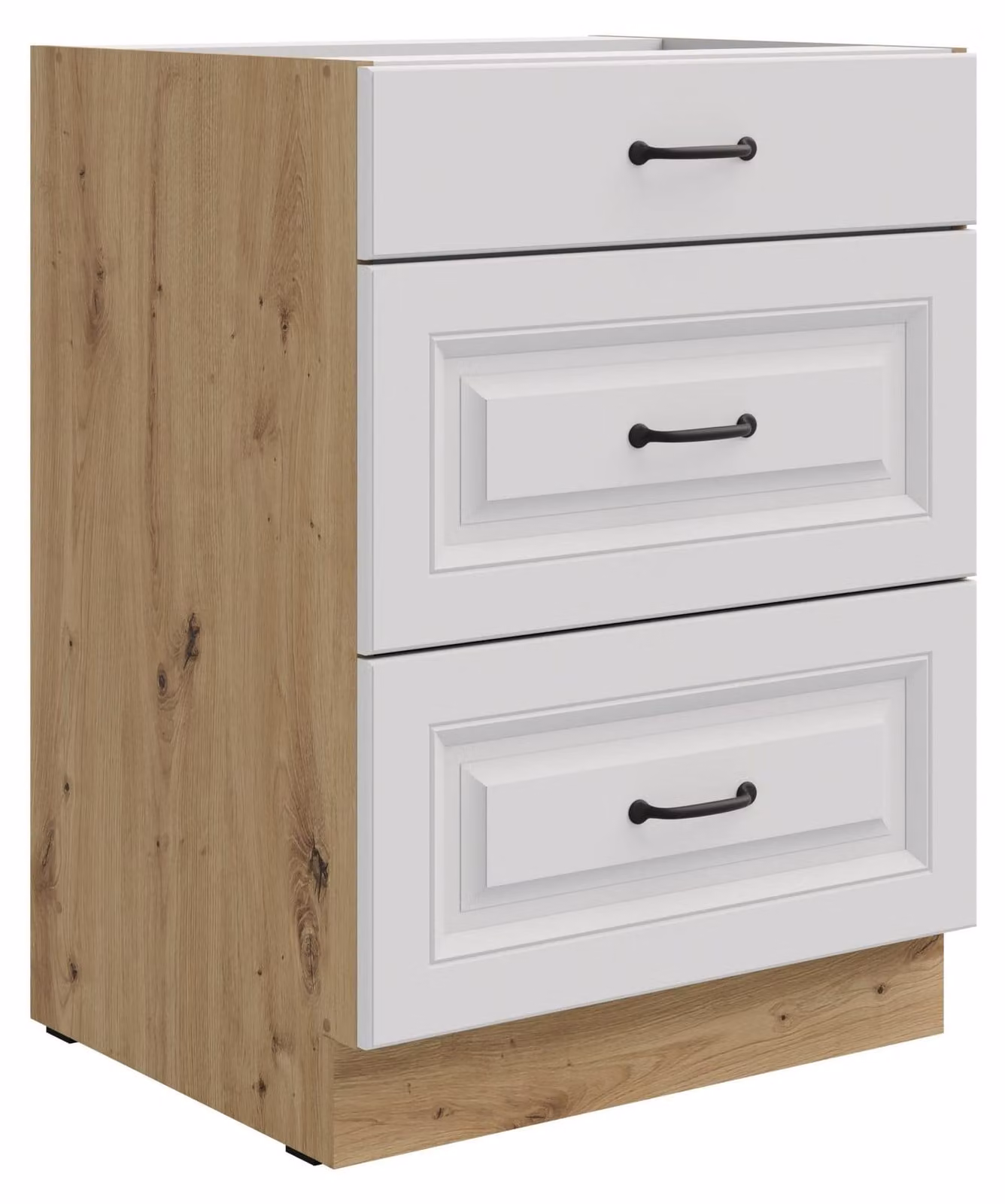Mobile base da cucina 60 cm Stilo bianco + rovere Artisan, cassetto a estrazione totale con chiusura ammortizzata
