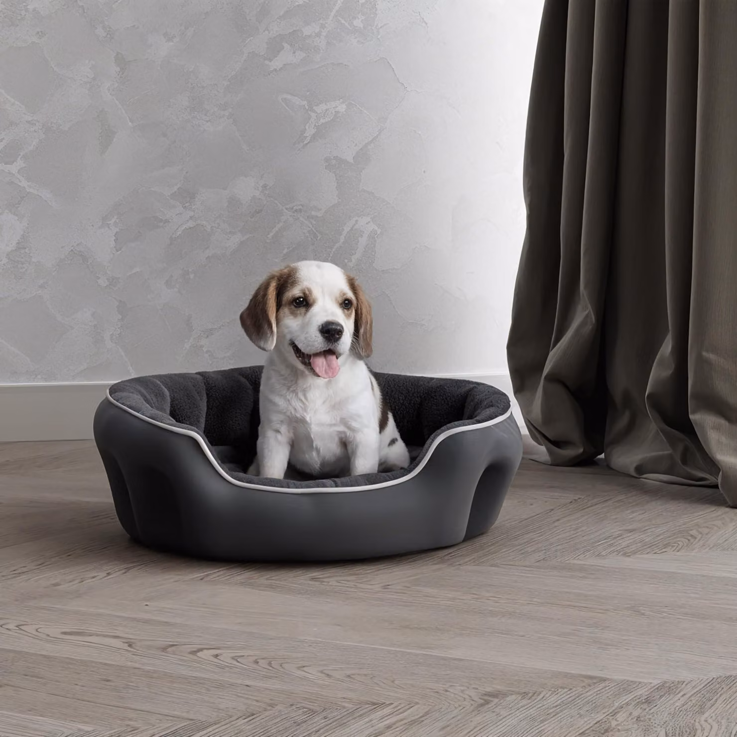 Letto per cani e gatti in tessuto italiano, modello COCCOLE, colore grigio scuro, dimensioni 48x42x16 cm