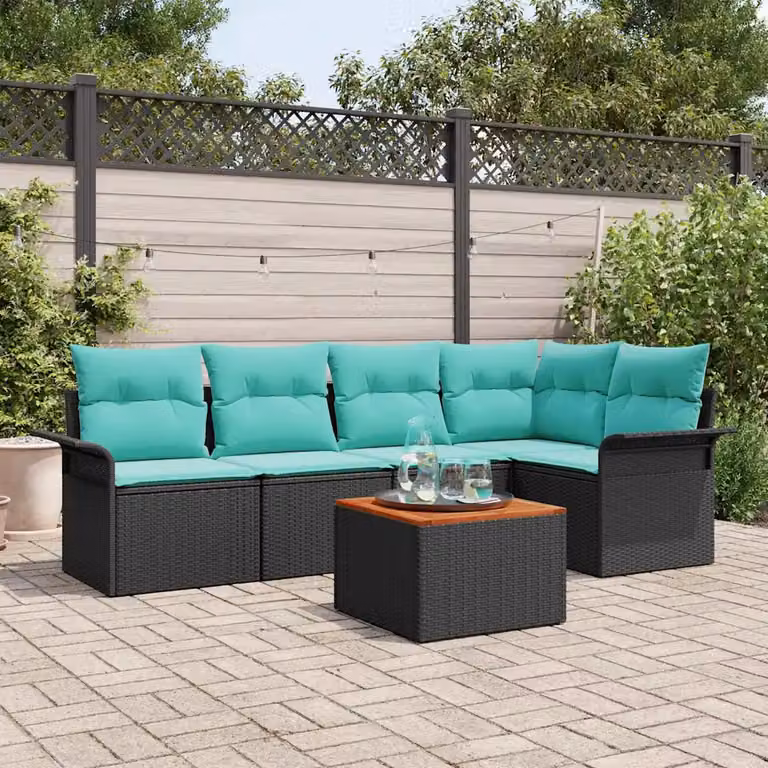 Set Divano da Giardino vidaXL 6 Pezzi a Forma di L con Tavolino, Nero e Turchese