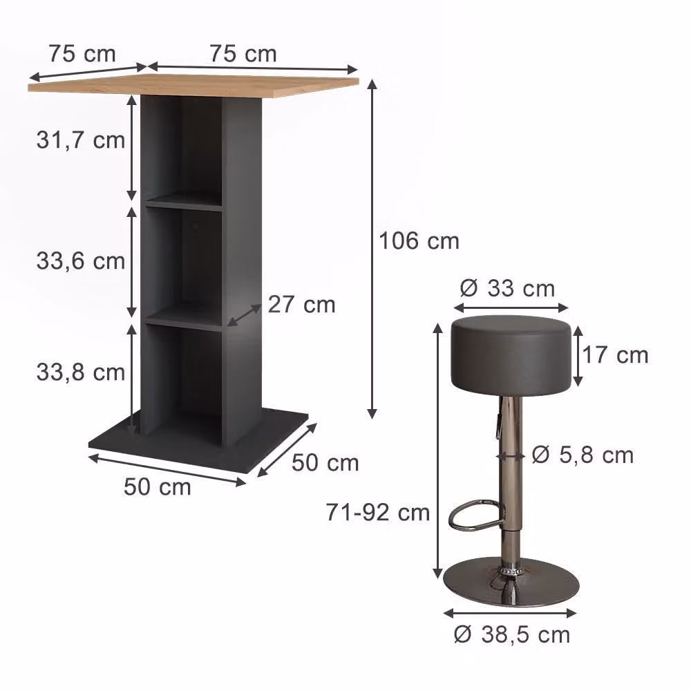 Set da bar Vicco Repose con tavolo quadrato e 2 sgabelli, Rovere, Oro e Antracite, L/P: 75 x 75 cm, H: 106 cm – 2