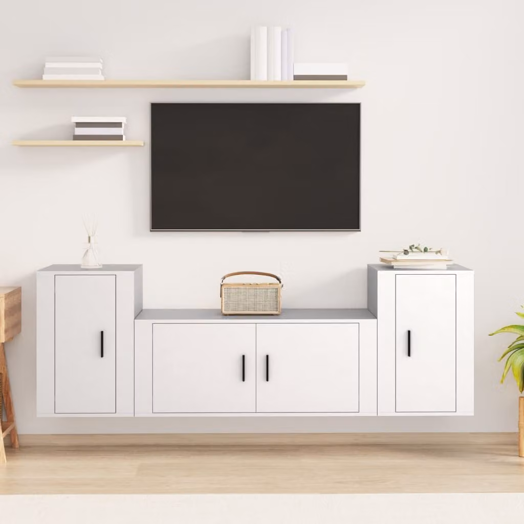 Set di mobili porta TV da 3 pezzi vidaXL in legno multistrato bianco per soggiorno con montaggio a parete