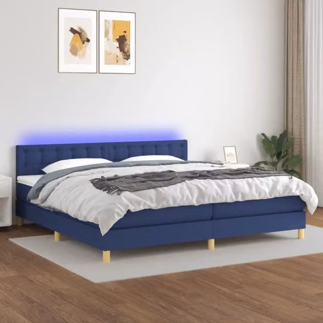 Letto a molle con materasso vidaXL in tessuto bianco e blu con illuminazione LED sottostante e porta USB L/P/H: 200 x 200 x 203 cm