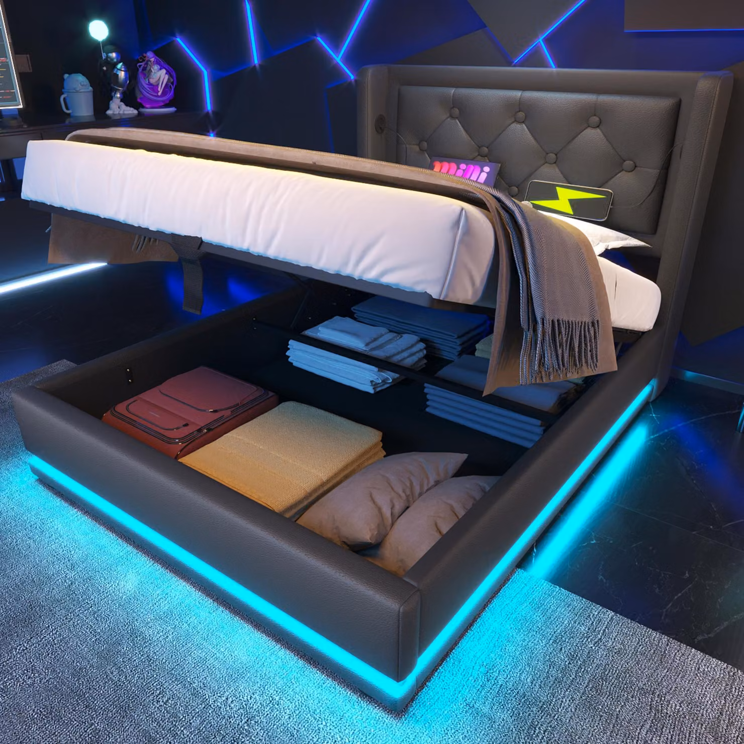 Letto imbottito Flieks 90x200cm con USB e Type-C, letto singolo per ragazzi con LED, letto contenitore idraulico con rete a doghe, PU, nero