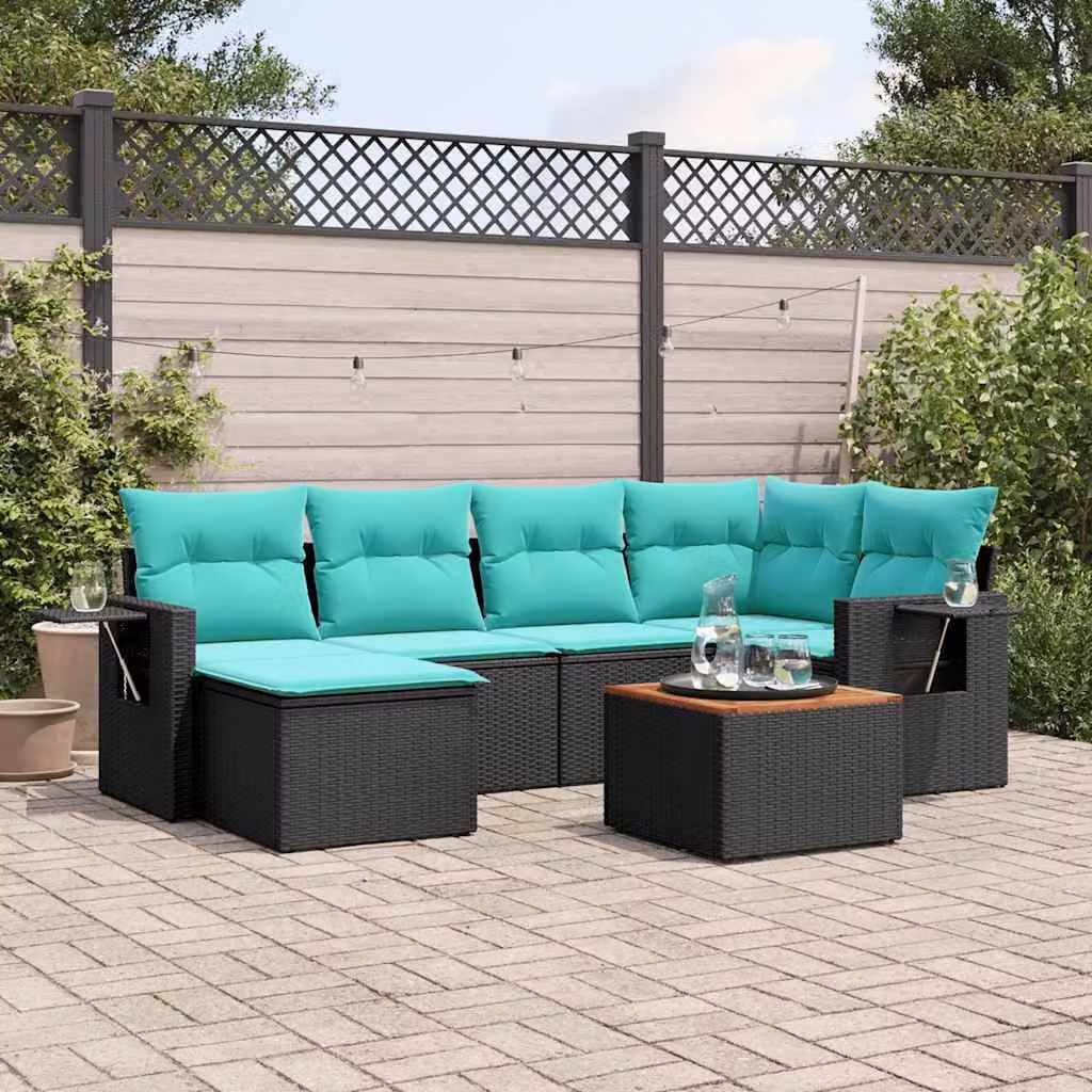 Set di divani da giardino vidaXL in polyrattan nero con 7 pezzi e cuscini inclusi