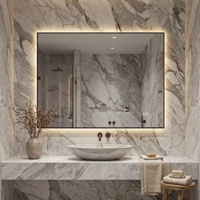 Specchio da bagno OKWISH con retroilluminazione LED dimmerabile e funzione antiappannamento, rettangolare, colore argento, L: 67 cm, H: 87 cm