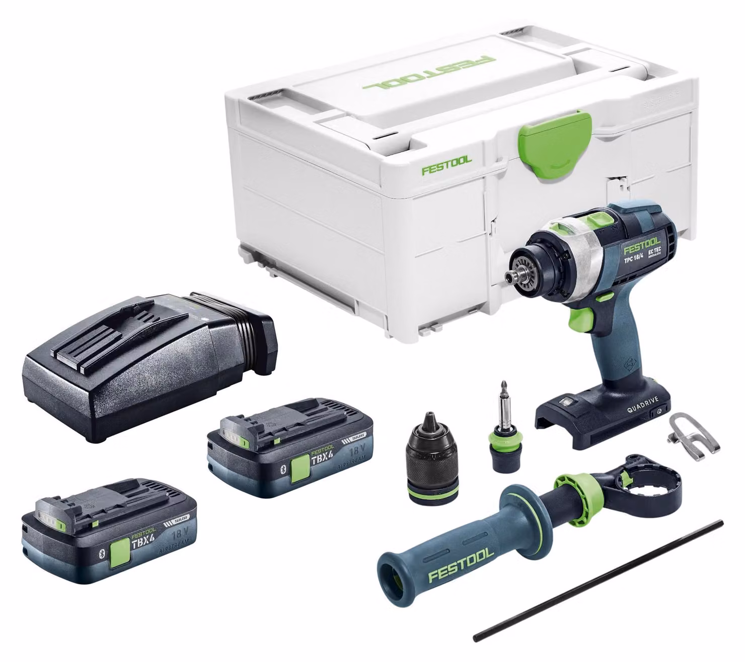 Trapano avvitatore a percussione a batteria Festool TPC 18/4-Basic 18 V 75 Nm Brushless + 2 batterie da 4,0 Ah + caricabatterie + Systainer