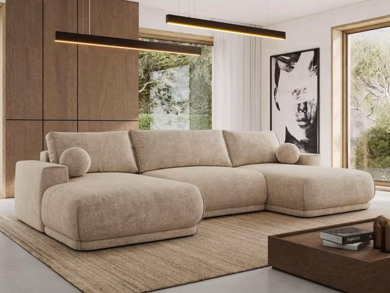 MKS MEBLE Divano ad angolo XXL RINA, divano componibile a forma di U con funzione letto e molle ondulate, funzione letto a scomparsa - Beige, ciniglia a trama larga