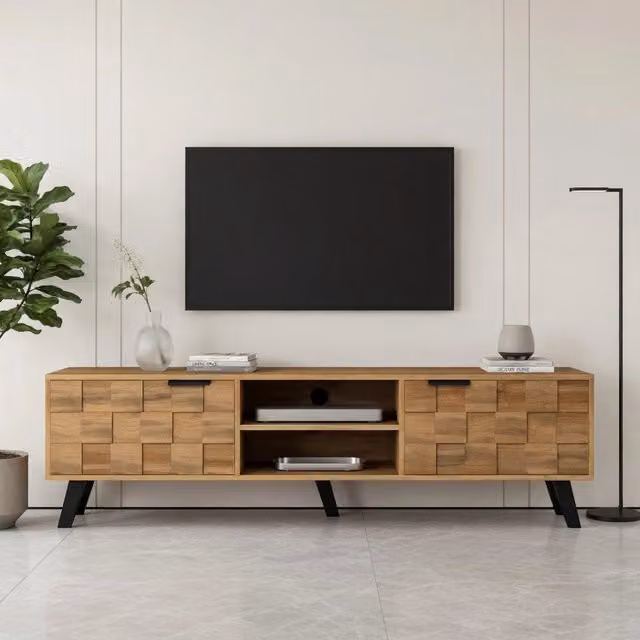 Cassettiera per TV KOMHTOM moderna in legno marrone con 2 ante e 2 scomparti aperti, L: 160,5 cm, P: 35,5 cm, H: 45,0 cm