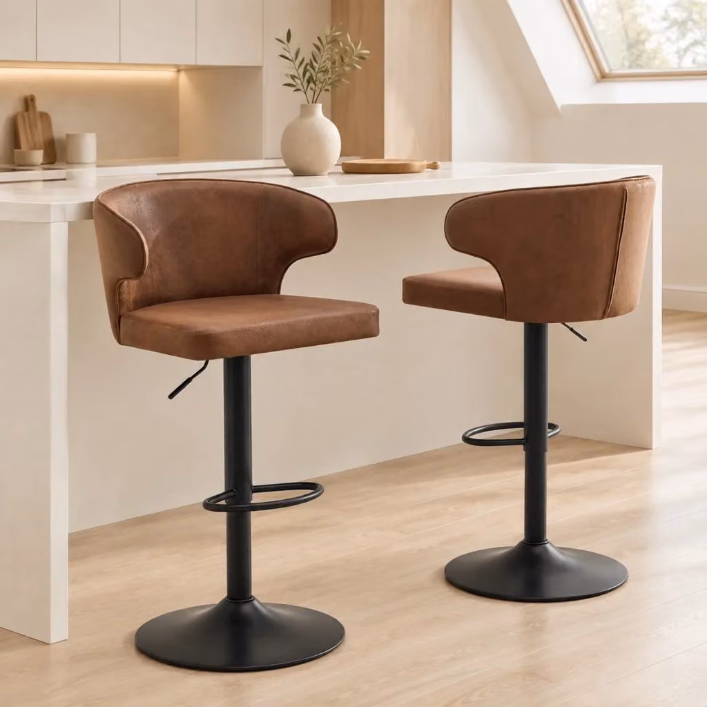 Sgabello da bar Mivray marrone con schienale in tessuto, girevole a 360° e regolabile in altezza con poggiapiedi e base in metallo – 2