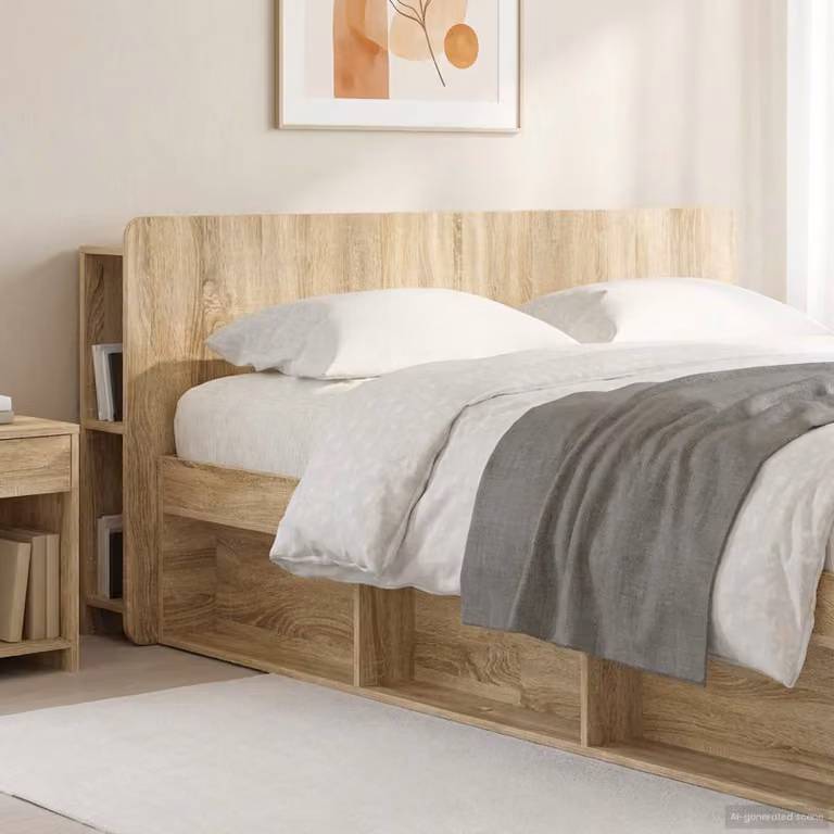 Testata del letto moderna vidaXL in legno ingegnerizzato Rovere Sonoma, colore marrone, con ripiano integrato e scomparti laterali, L: 154,0 cm, H: 80,0 cm, P: 21,38 cm
