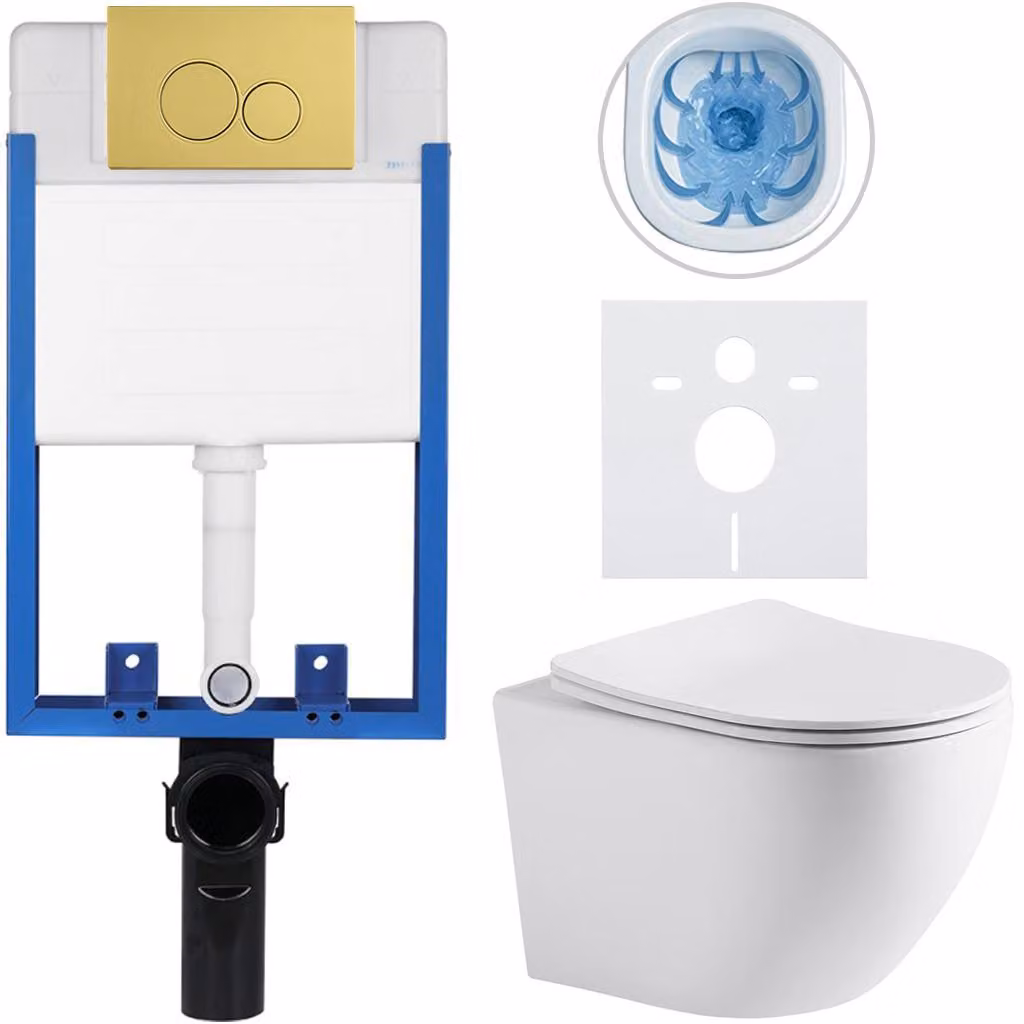 Set completo per WC sospeso Lite/Cesso - bianco opaco - pulsante per WC a due funzioni, dorato - da incasso - 49x36 cm