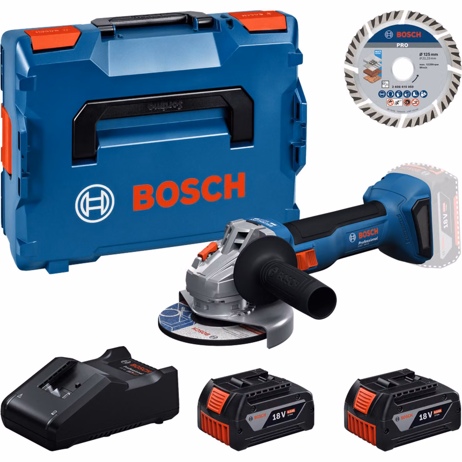 Set di utensili professionali Bosch: smerigliatrice angolare a batteria GWS 18V-8 + 2 batterie GBA da 4 Ah + caricabatterie GAL 18V-40 + disco da taglio da 125 mm, tutto confezionato in una valigetta L-BOXX