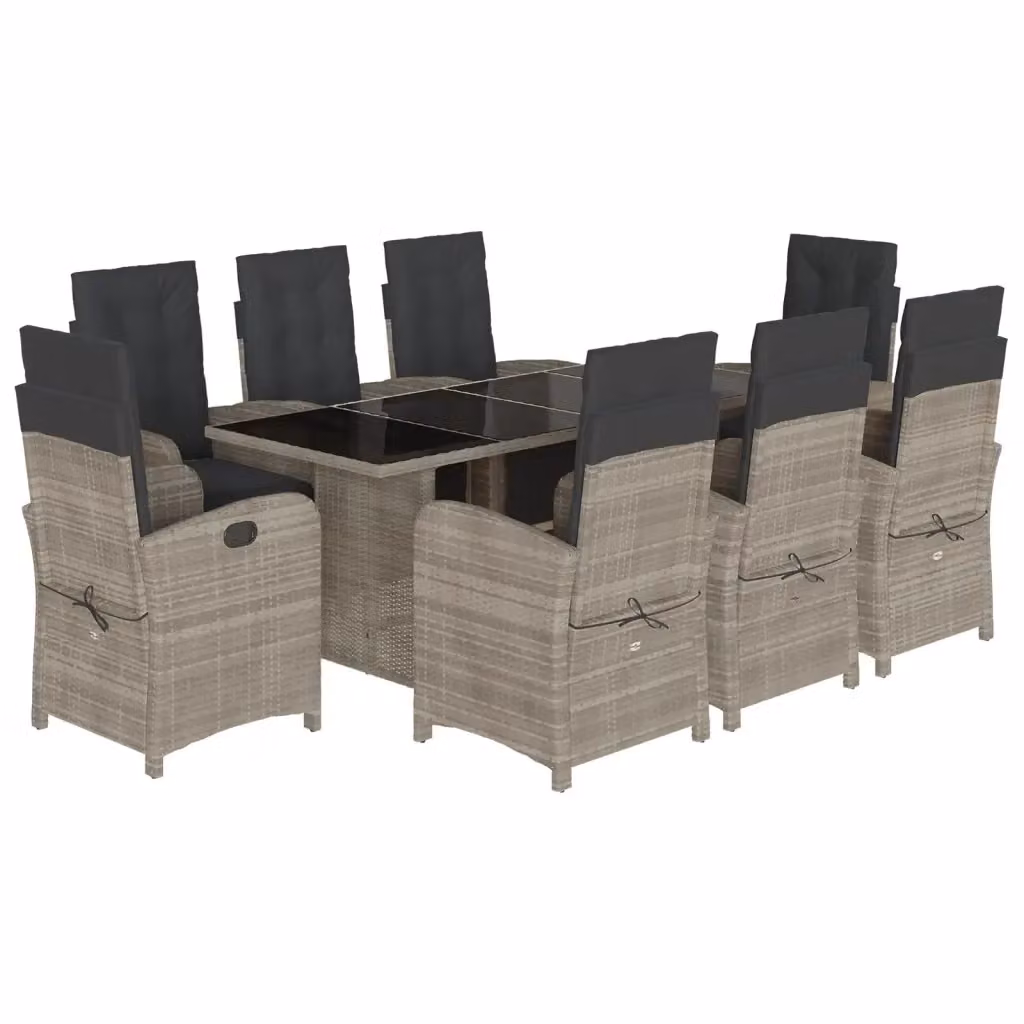 Set Pranzo da Giardino vidaXL in Polyrattan con Piano in Vetro e Cuscini, 9 Pezzi, Grigio e Nero – 2