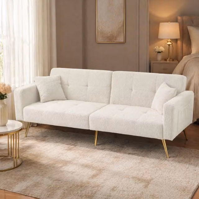 Divano letto regolabile in tessuto Sherpa bianco con tasche laterali e gambe dorate