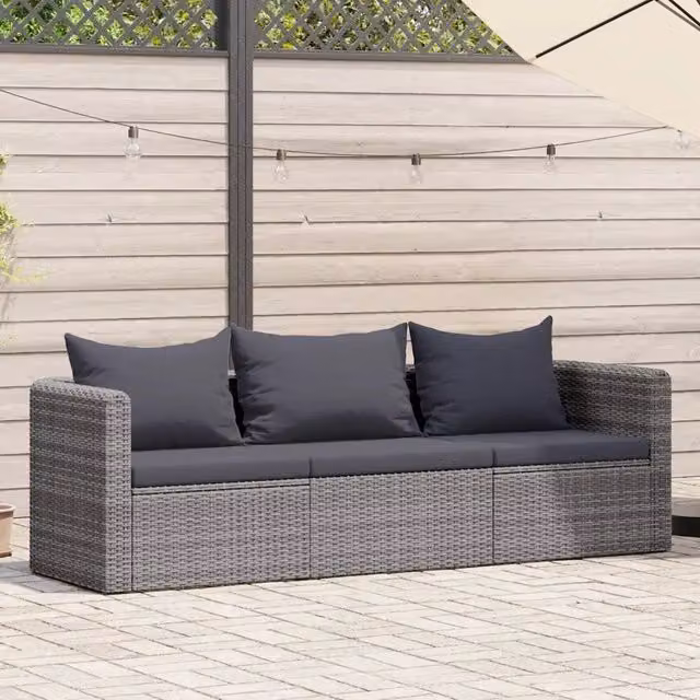 Set Divani da Giardino 3 pz con Cuscini Grigio in Polyrattan 44163