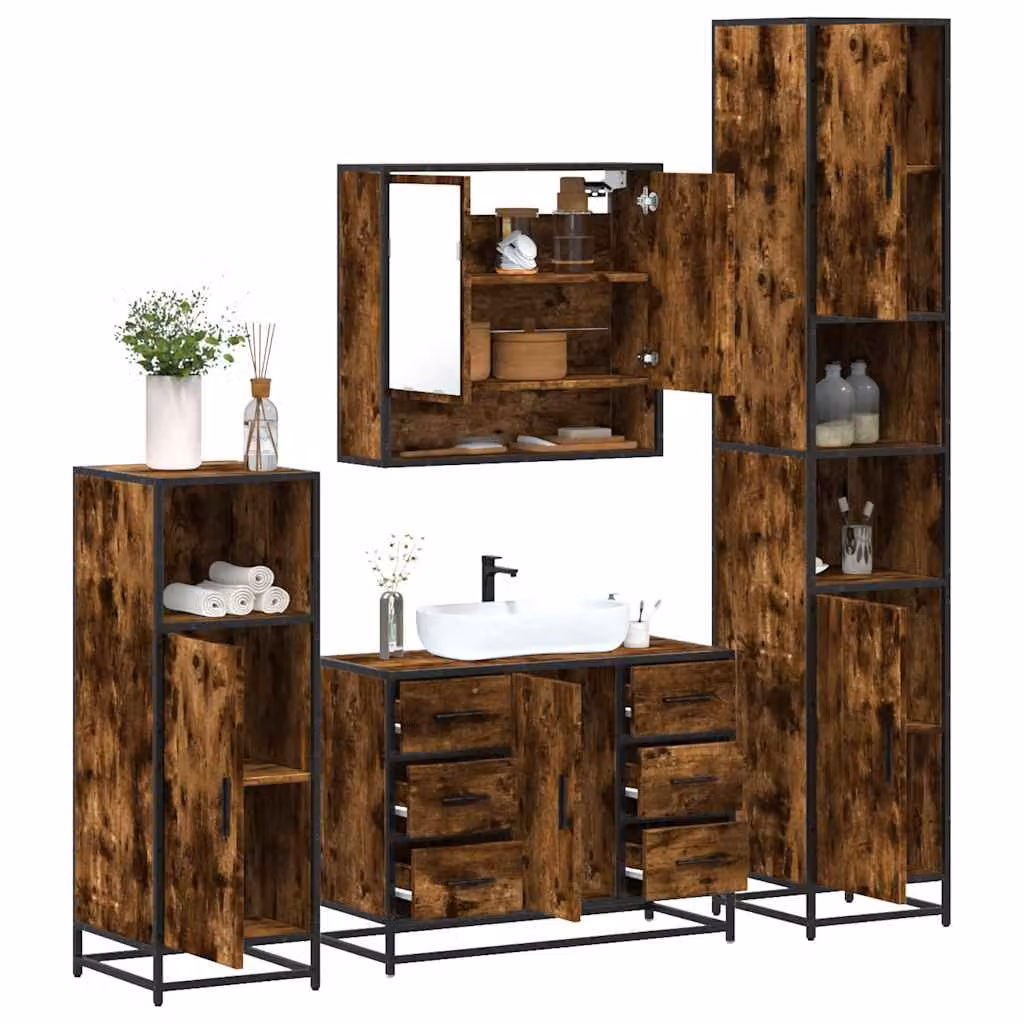 Set di mobili da bagno industrial vidaXL composto da 4 pezzi in legno e metallo, colore marrone, con armadietto specchio, mobile lavabo, mobile laterale e colonna alta