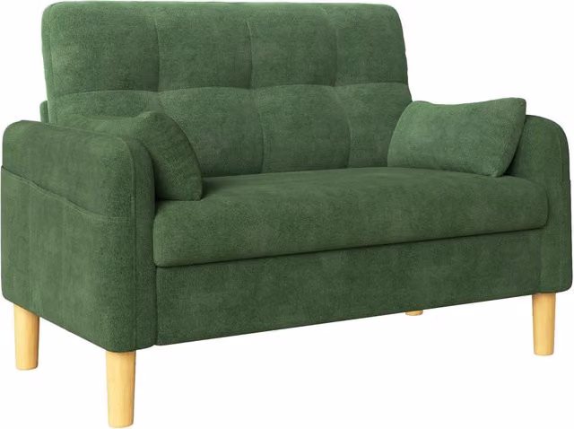 Divano a 2 posti in tessuto chenille verde con cuscini, design compatto per soggiorno e camera, dimensioni 119×78×85 cm