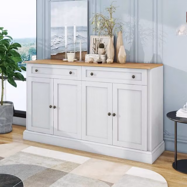 Credenza con 4 Ante e 2 Cassetti ¨C Xylo ¨C Bianco Antico e Legno Naturale, 150x86x40 cm