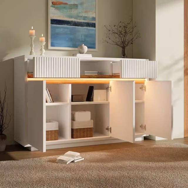 Credenza moderna bianca con illuminazione LED integrata, 2 cassetti e 3 ante con ripiani regolabili, L/P/H: 140 x 40 x 85 cm