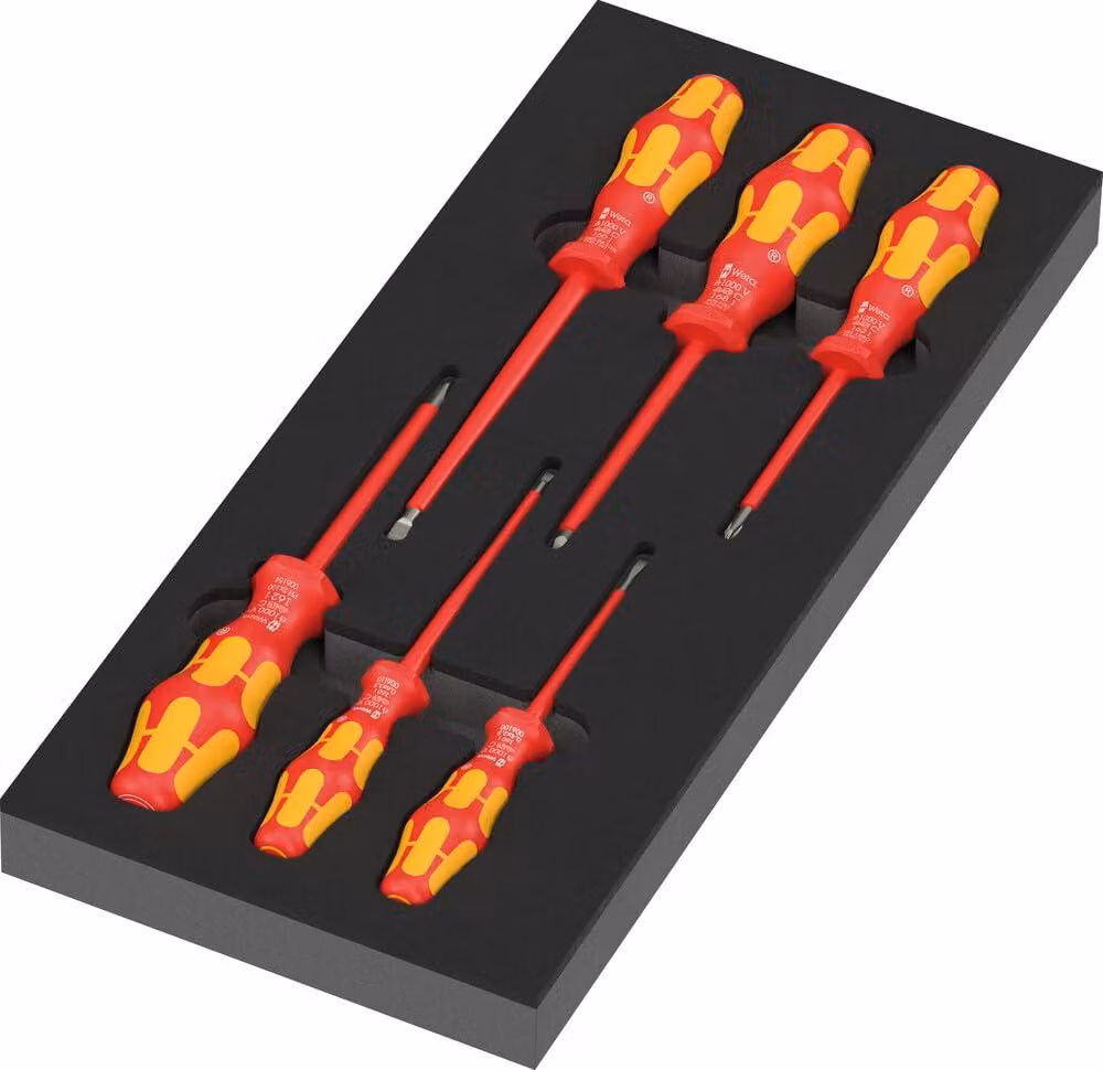 Wera 97111: Inserimento in schiuma per cacciaviti, serie Kraftform 100 VDE, set 2 con 7 utensili.