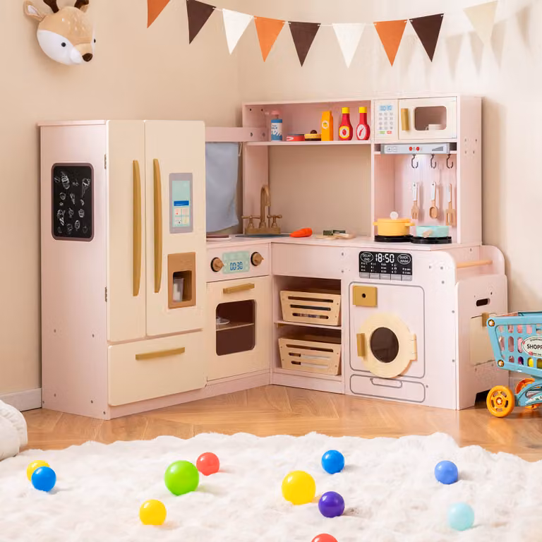 Cucina giocattolo angolare Costway con luci e suoni e frigorifero a doppia porta, colore rosa