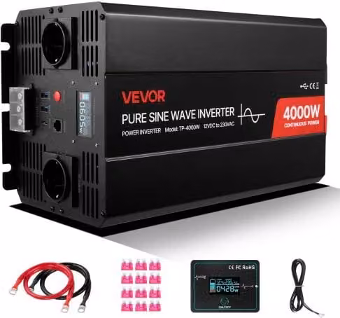 Inverter di Corrente VEVOR da 4000 W a Onda Sinusoidale Pura, Convertitore da 12 V CC a 230 V CA con Display LCD, Telecomando, Porte USB e Tipo C, Colore Nero